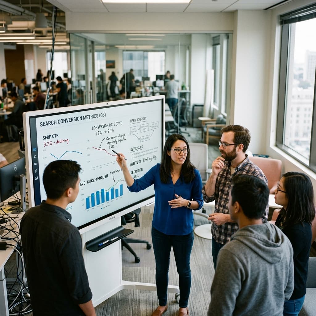 Product managers and engineering discussing search result conversion metrics on a digital whiteboard.