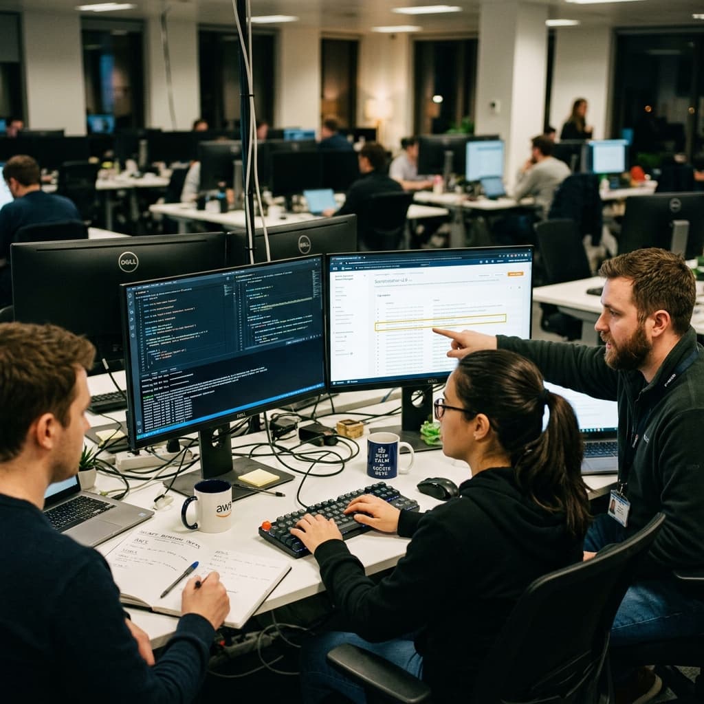 Security engineering team running secret rotation tests on dual monitors.
