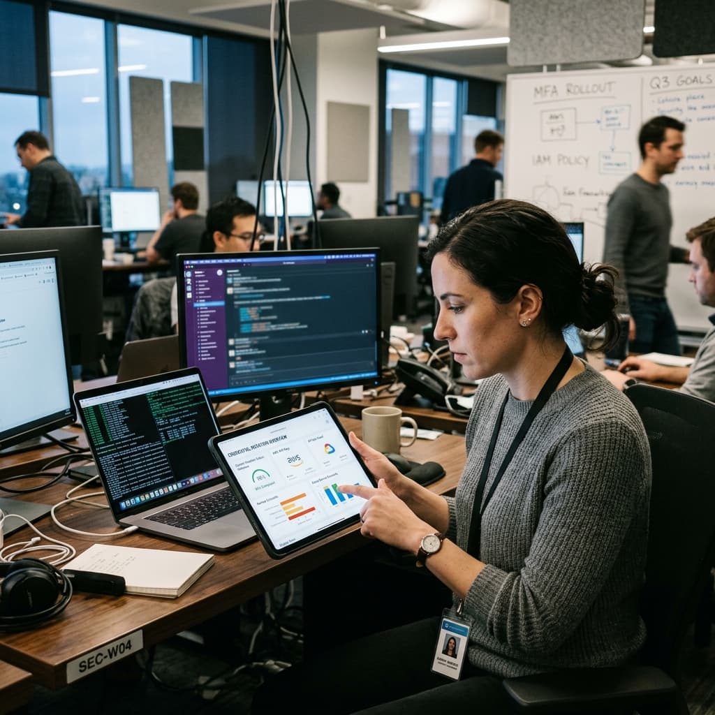 Security engineer reviewing credential rotation dashboards on a tablet.