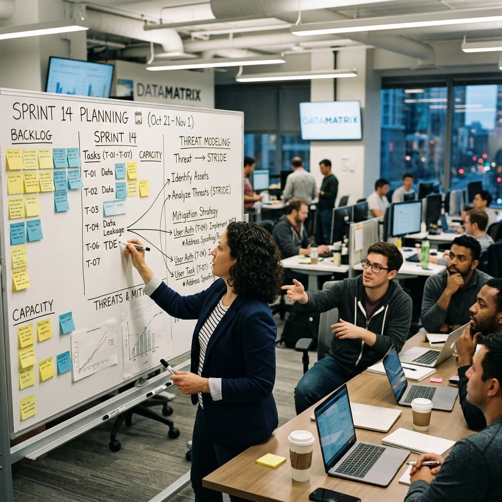 Engineering manager integrating threat modeling into a sprint planning whiteboard session.