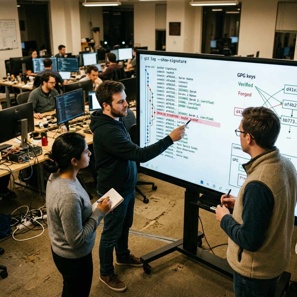 Security engineers tracing Git commit signatures on a digital whiteboard.