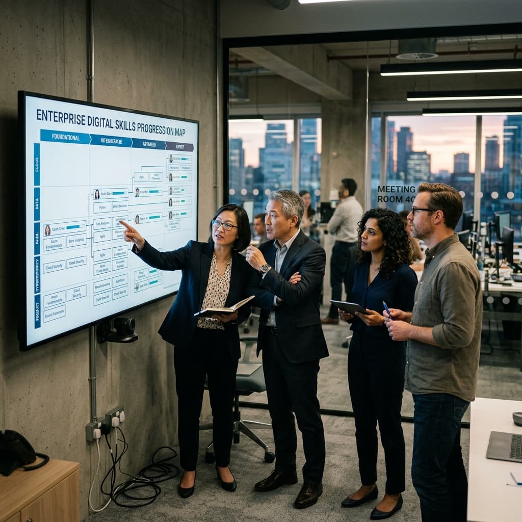 Corporate learning directors reviewing an enterprise digital skills progression map on a large monitor.
