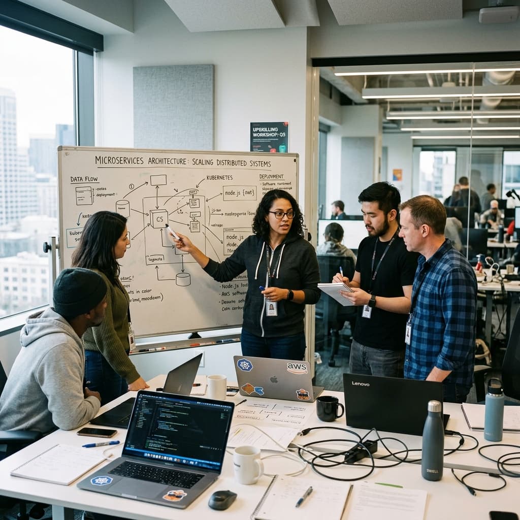 Engineering team collaborating in an internal corporate upskilling workshop.