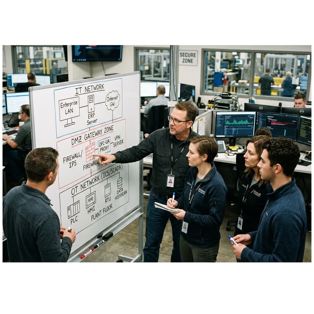 Manufacturing IT and OT security professionals reviewing a diagram of a manufacturing OT network separated from IT by a DMZ gateway zone on a whiteboard.