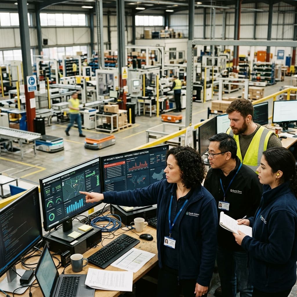 Operations staff and logistics coordinators reviewing supply chain activity and OT security data on monitors at a smart manufacturing logistics floor.
