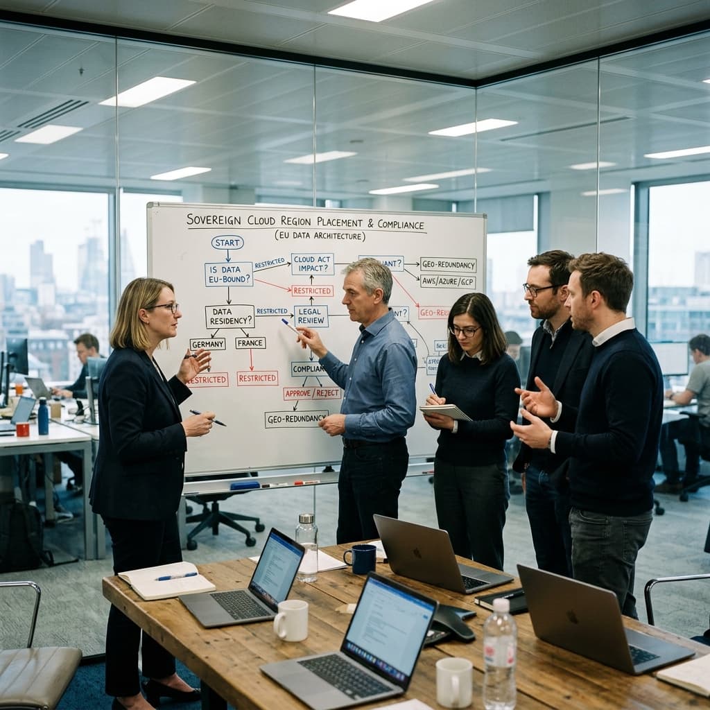 Corporate data architects and legal officers reviewing a decision tree diagram of sovereign cloud region placement on a whiteboard.