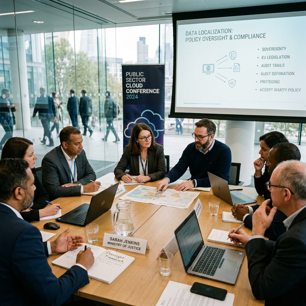 Public sector officials and cloud architects discussing data localization and policy oversight at a conference table in a modern civic building.