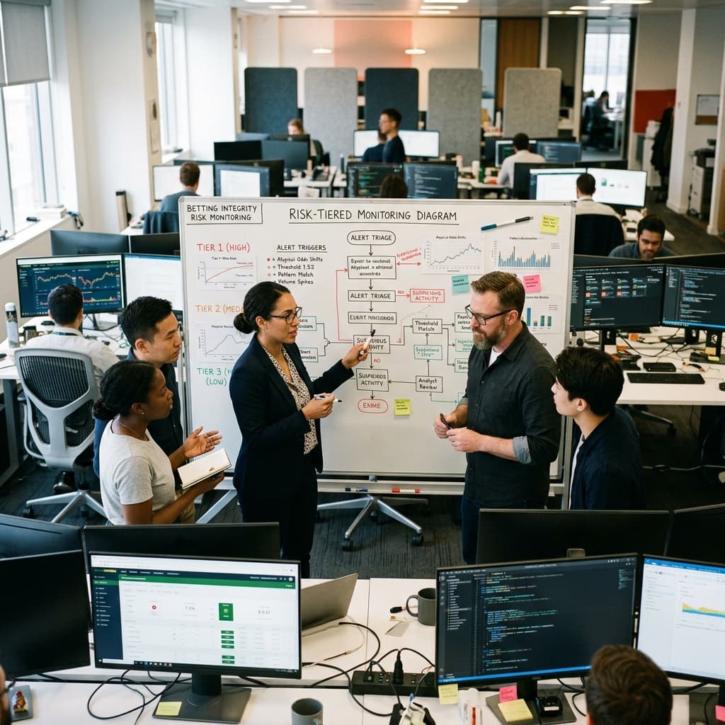 Sports betting integrity analysts and data scientists reviewing a risk-tiered monitoring diagram on a white board.