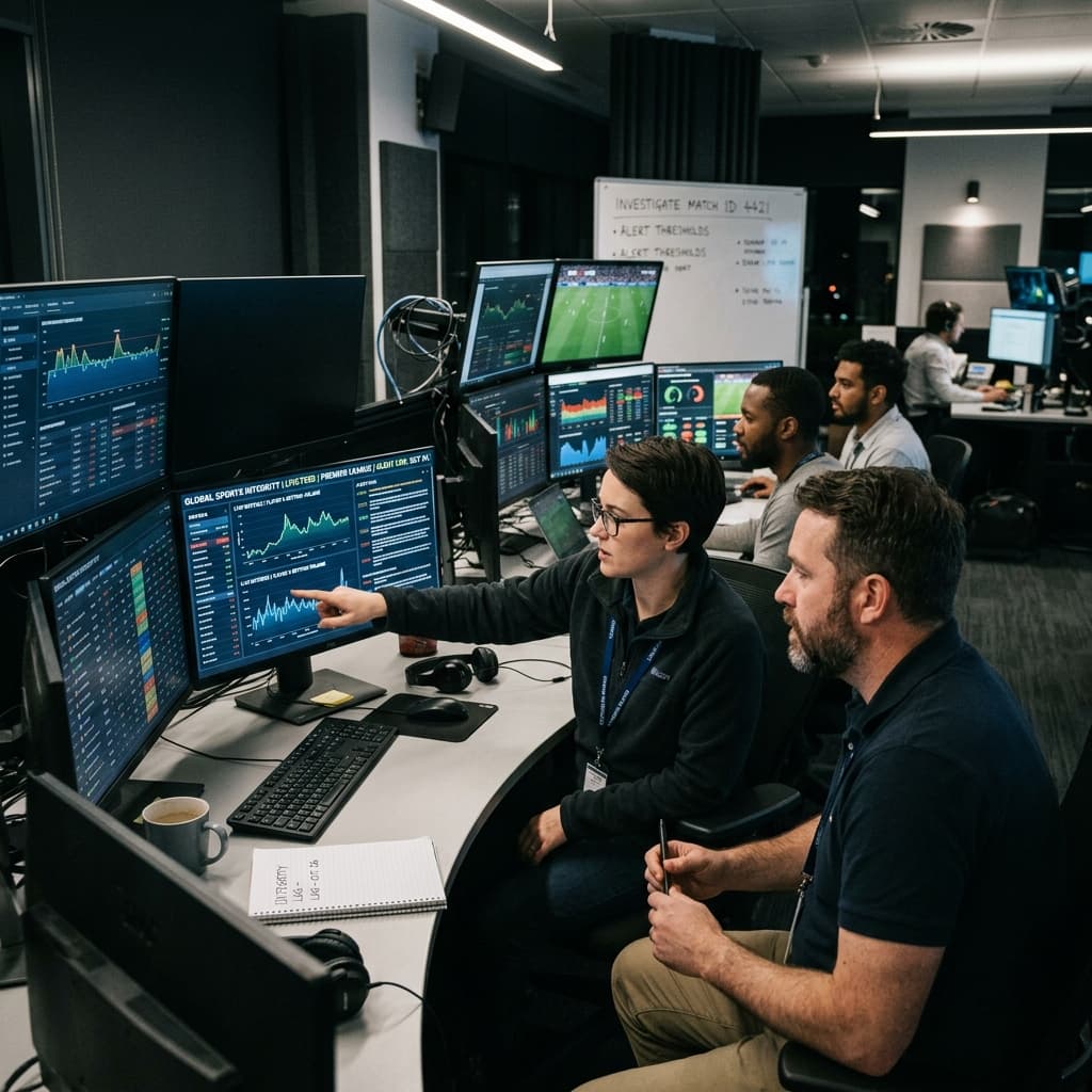 Integrity analysts and compliance officers reviewing sports betting data feeds and performance metrics on large monitors in a secure operations center.