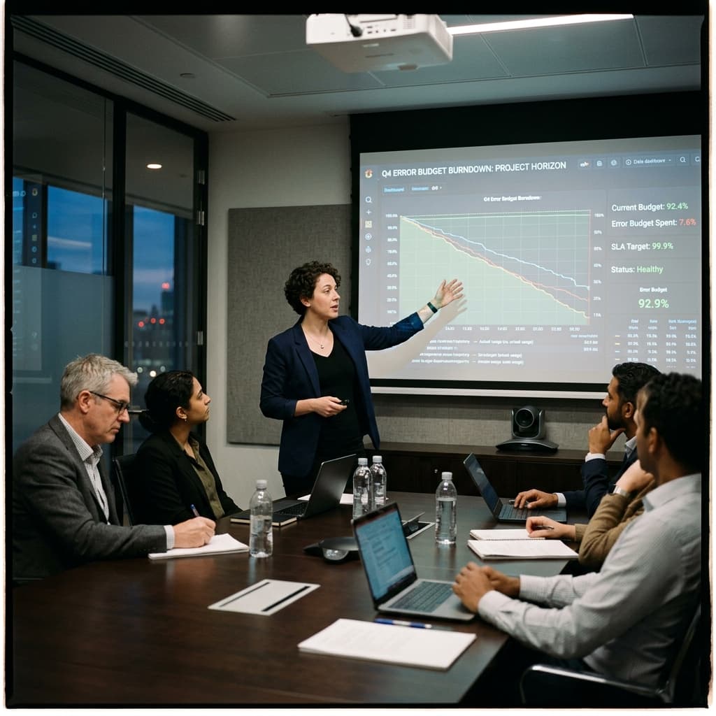 An SRE manager presenting error budget data.