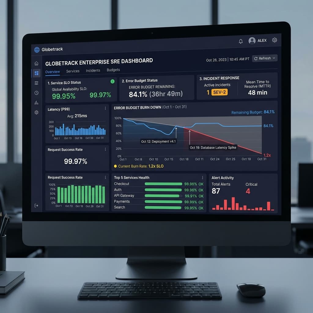 Authentic executive dashboard showing site reliability engineering metrics and error budget burn down