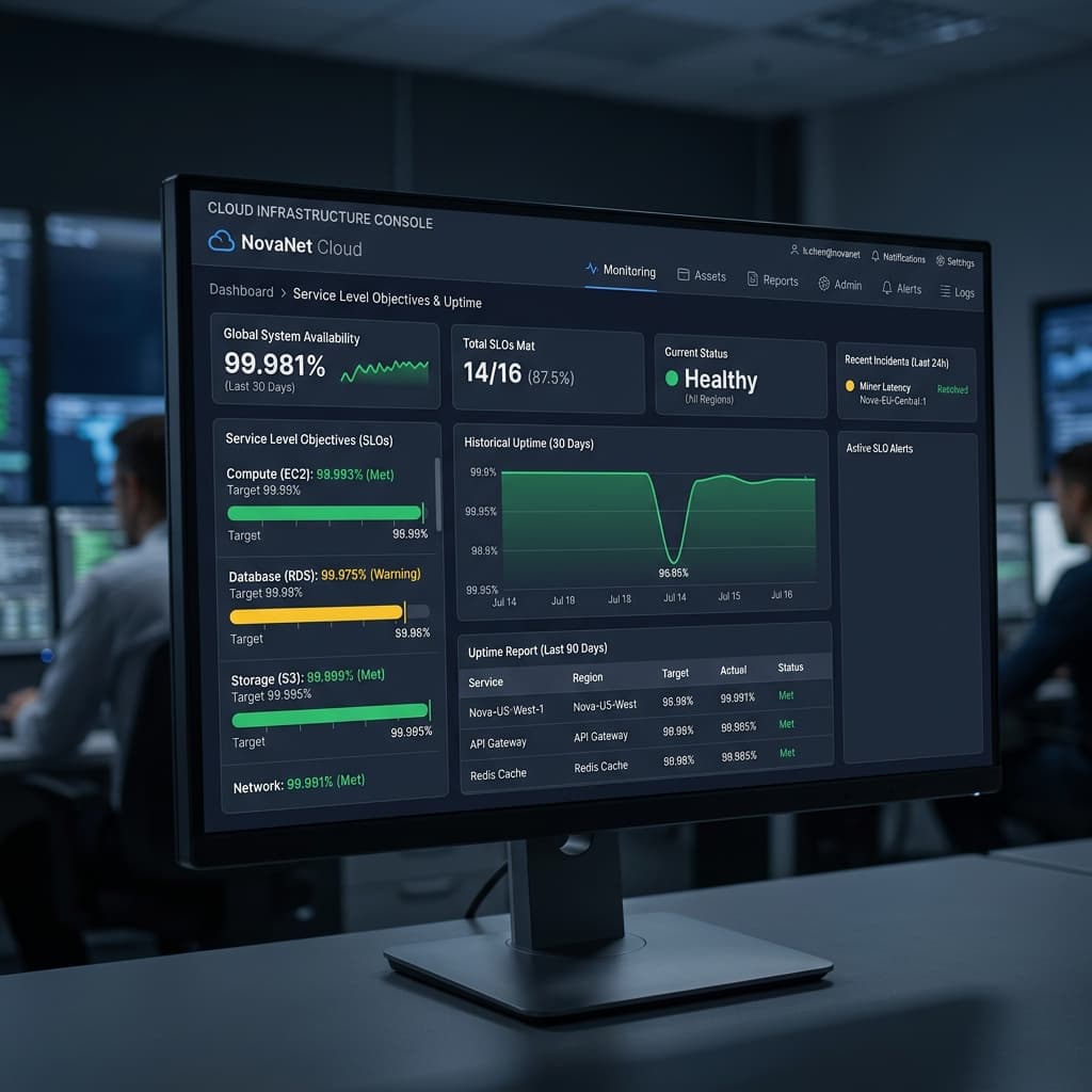 Photorealistic cloud infrastructure console showing service level objectives and uptime reports
