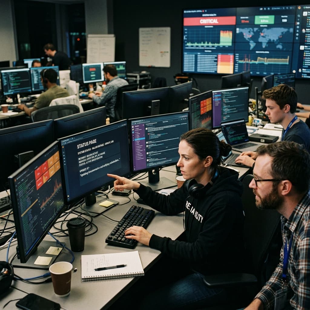 Site reliability engineers updating a status page dashboard during an incident.