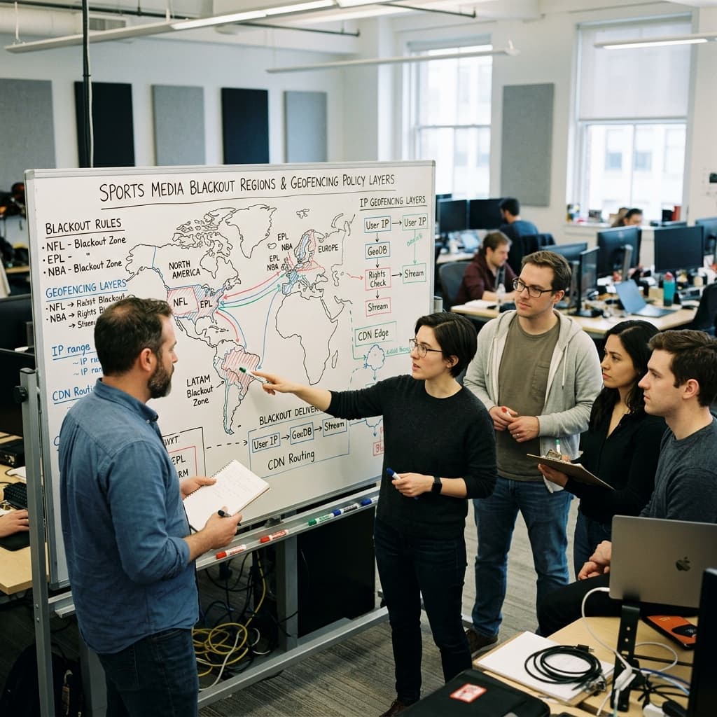 Digital media streaming engineers and rights managers reviewing a diagram of sports media territory blackout regions and geofencing policy layers on a whiteboard.