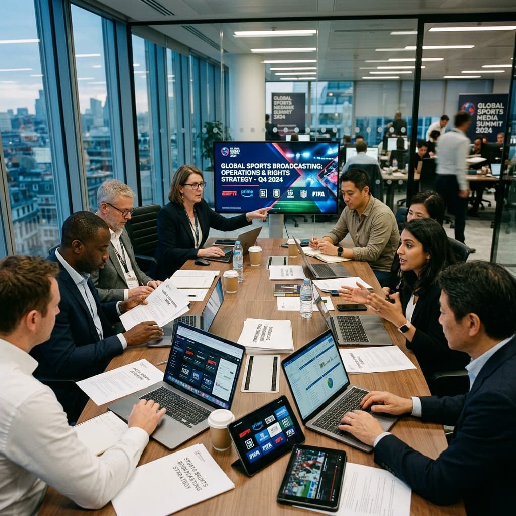 Media executives and streaming technology leaders coordinating sports broadcasting rights and operations at a conference table.