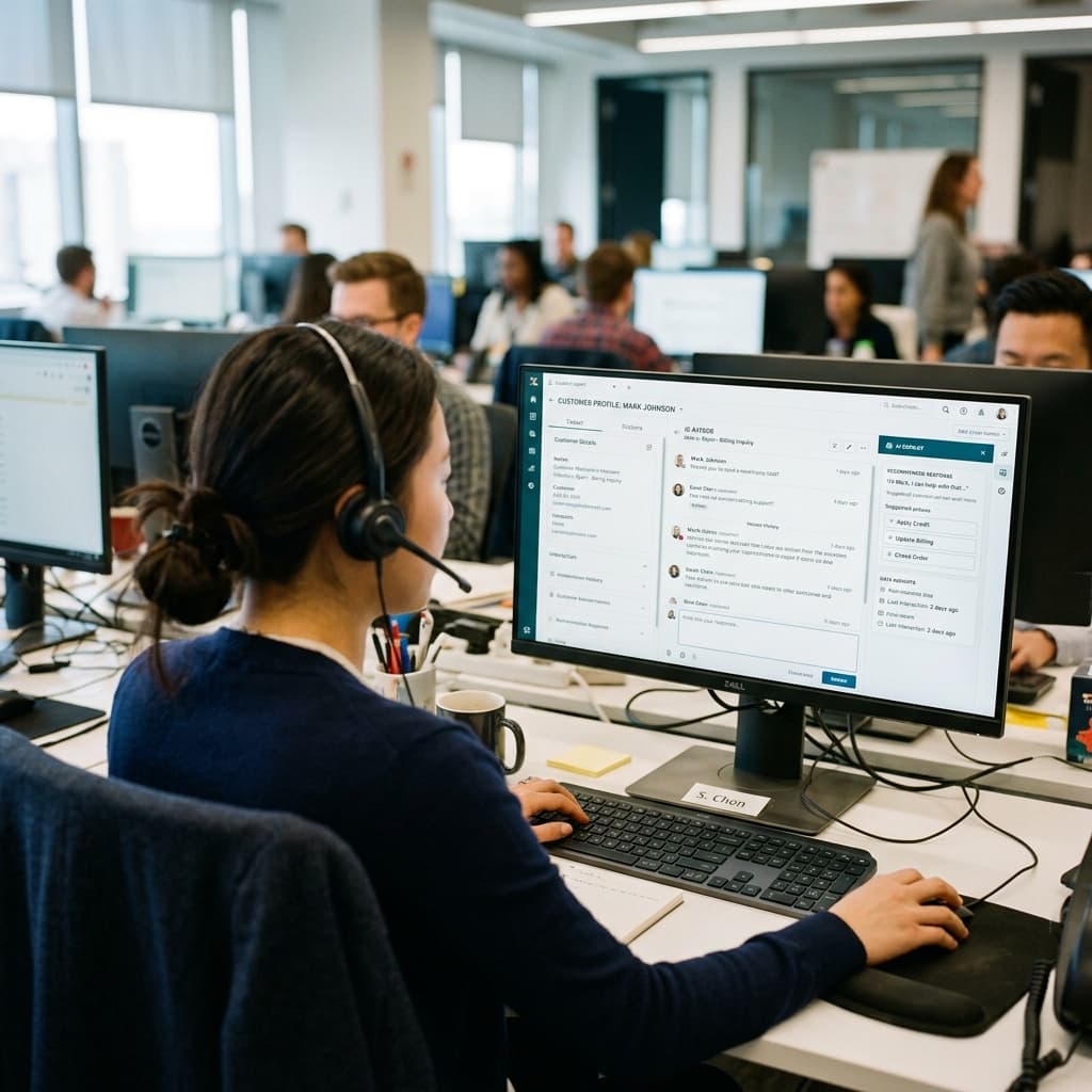 A customer support agent working on a CRM interface alongside an AI copilot.