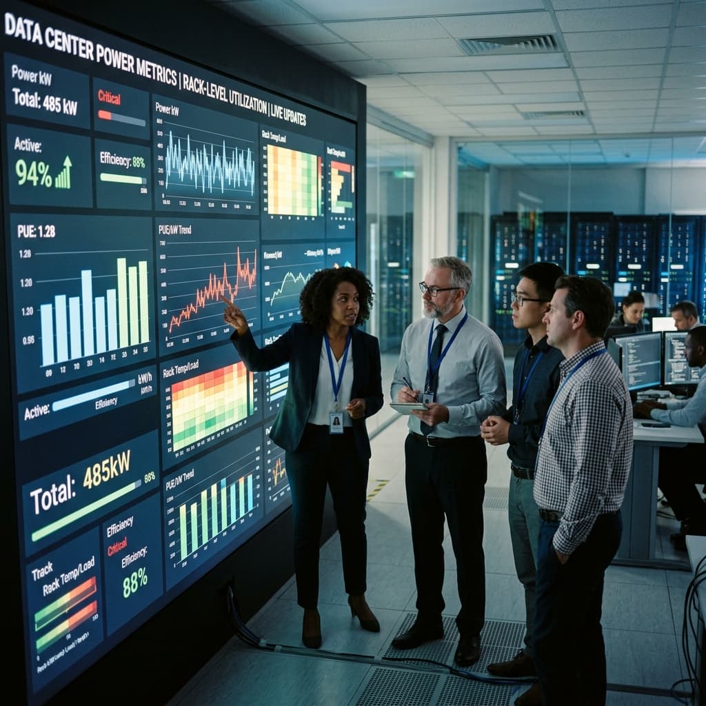 IT leaders reviewing power consumption metrics on a large data center visualization screen.