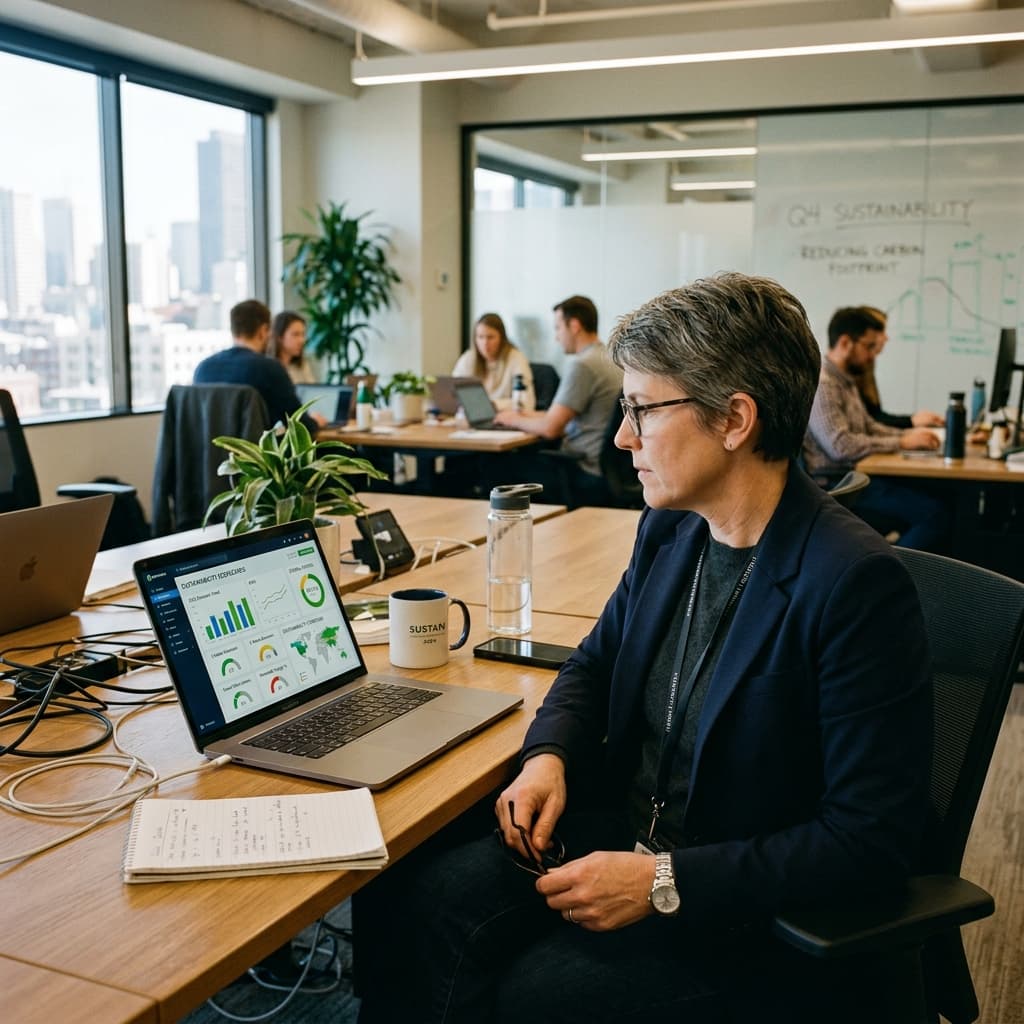 IT leader reviewing sustainability scorecards on a laptop dashboard.
