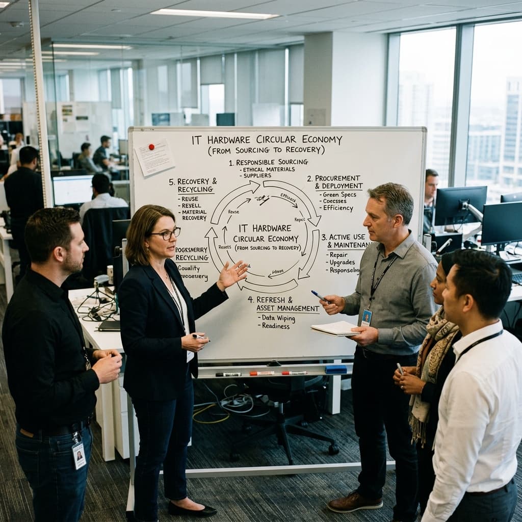 IT procurement leaders and sustainability officers reviewing a circular diagram of IT hardware from sourcing through use refresh and recovery on a whiteboard.