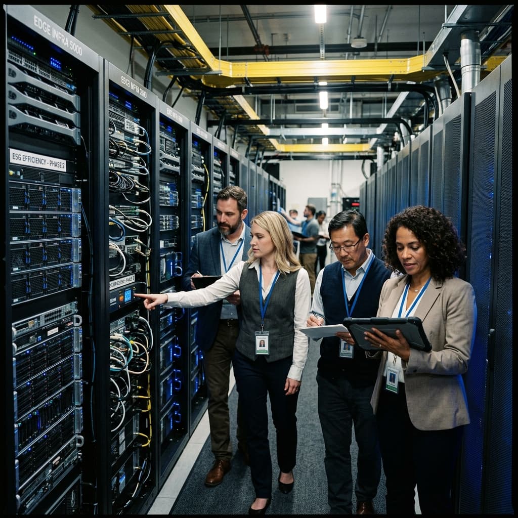IT sourcing managers and ESG analysts inspecting rows of energy-efficient edge servers and power distribution equipment in a modernized data center.