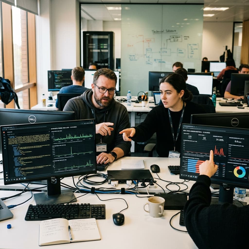 Performance engineers comparing synthetic ping logs against real user session metrics on dual monitors.