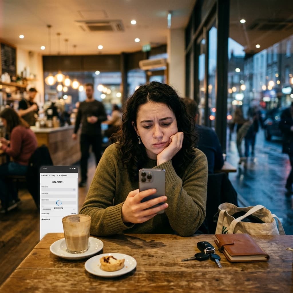 User looking at a slow loading commerce checkout page on their mobile smartphone.