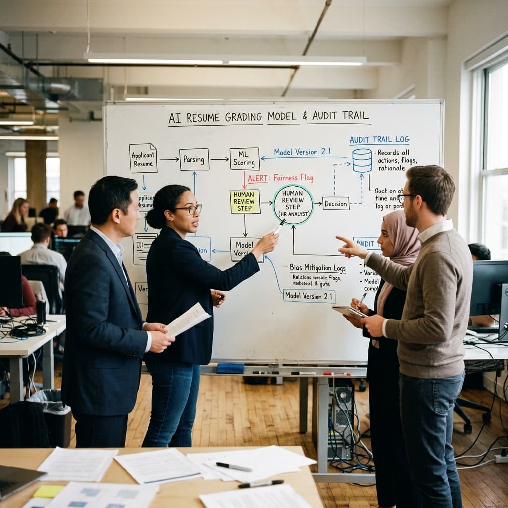 HR tech analysts and legal compliance officers reviewing a diagram of an AI resume grading model with a human review and audit trail on a whiteboard.