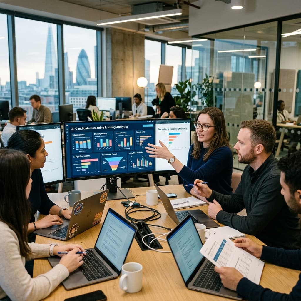 Talent acquisition team and data scientists reviewing AI screening algorithms and hiring analytics dashboards in a bright modern office.