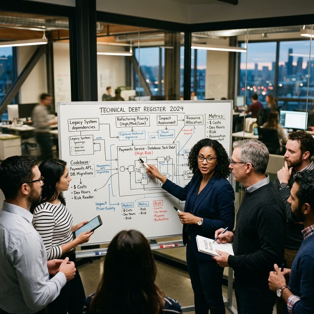 Engineering leaders and finance committee members reviewing a technical debt register diagram on a whiteboard.