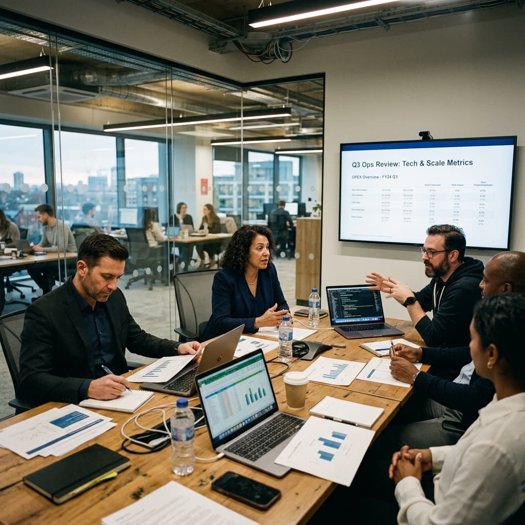 Leadership team including technology and finance stakeholders collaborating at a conference table during an operating review.