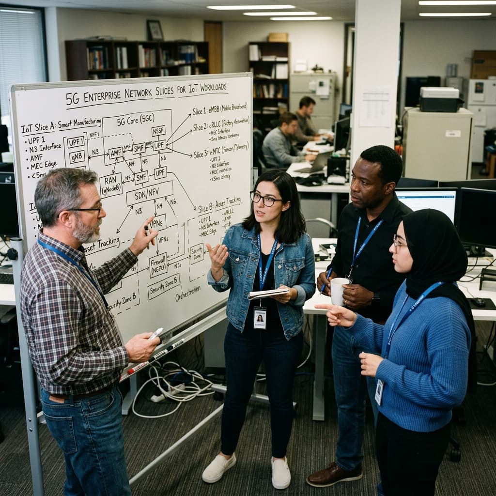 Telecommunications network engineers and security architects reviewing a diagram of 5G enterprise network slices for IoT workloads on a whiteboard.