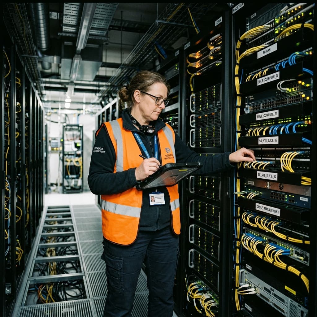 Telecom infrastructure engineer inspecting rows of edge computing servers and 5G network slicing equipment in a modern data center aisle.