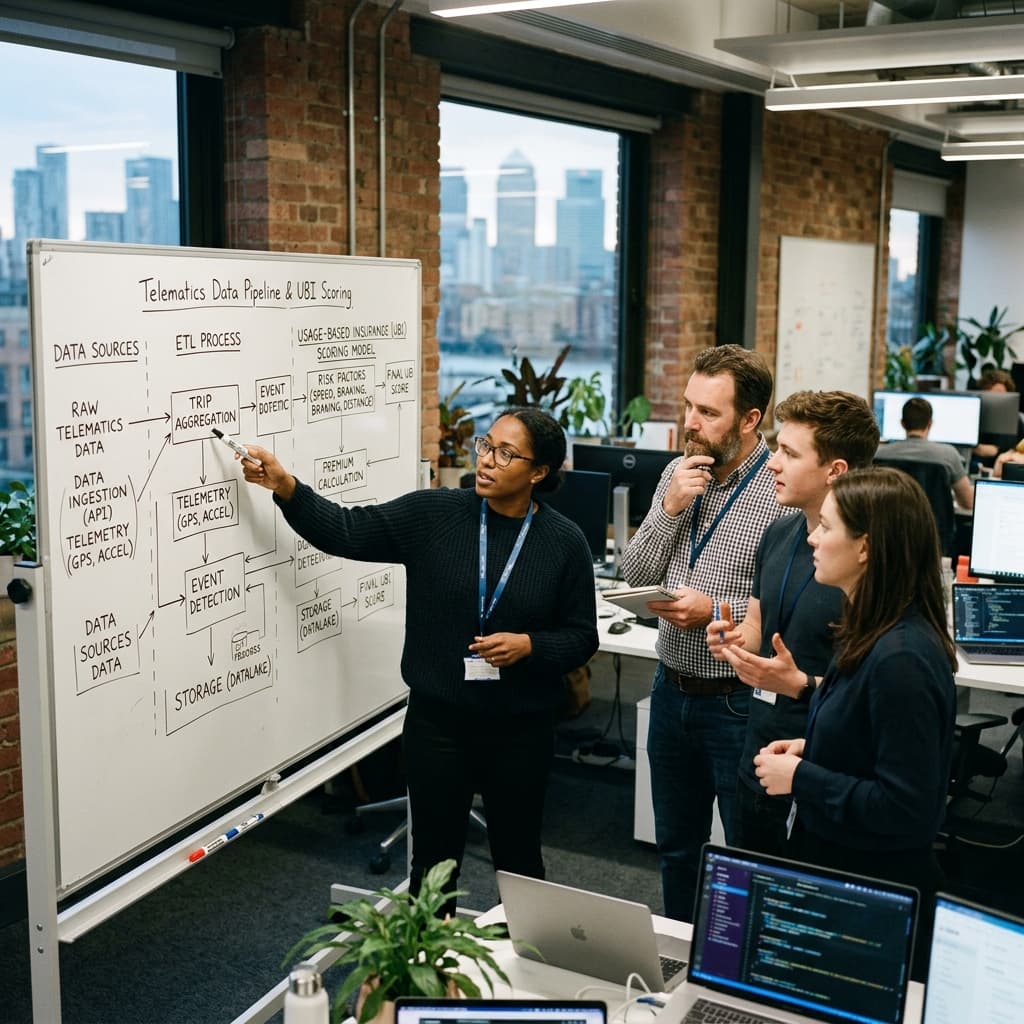 Insurtech data engineering professionals reviewing a telematics data pipeline and usage based insurance scoring diagram on a whiteboard.