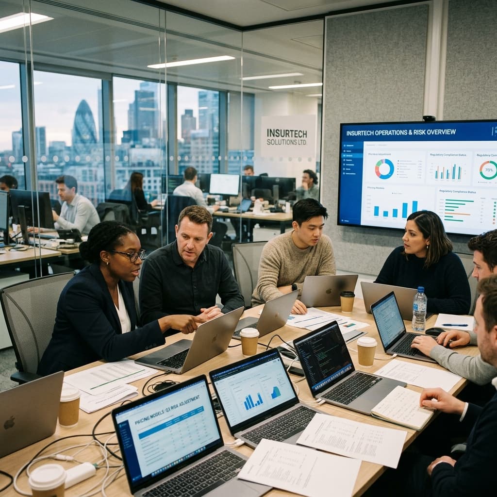 Insurtech actuaries and compliance officers reviewing operations, pricing, and risk information in a collaborative meeting.