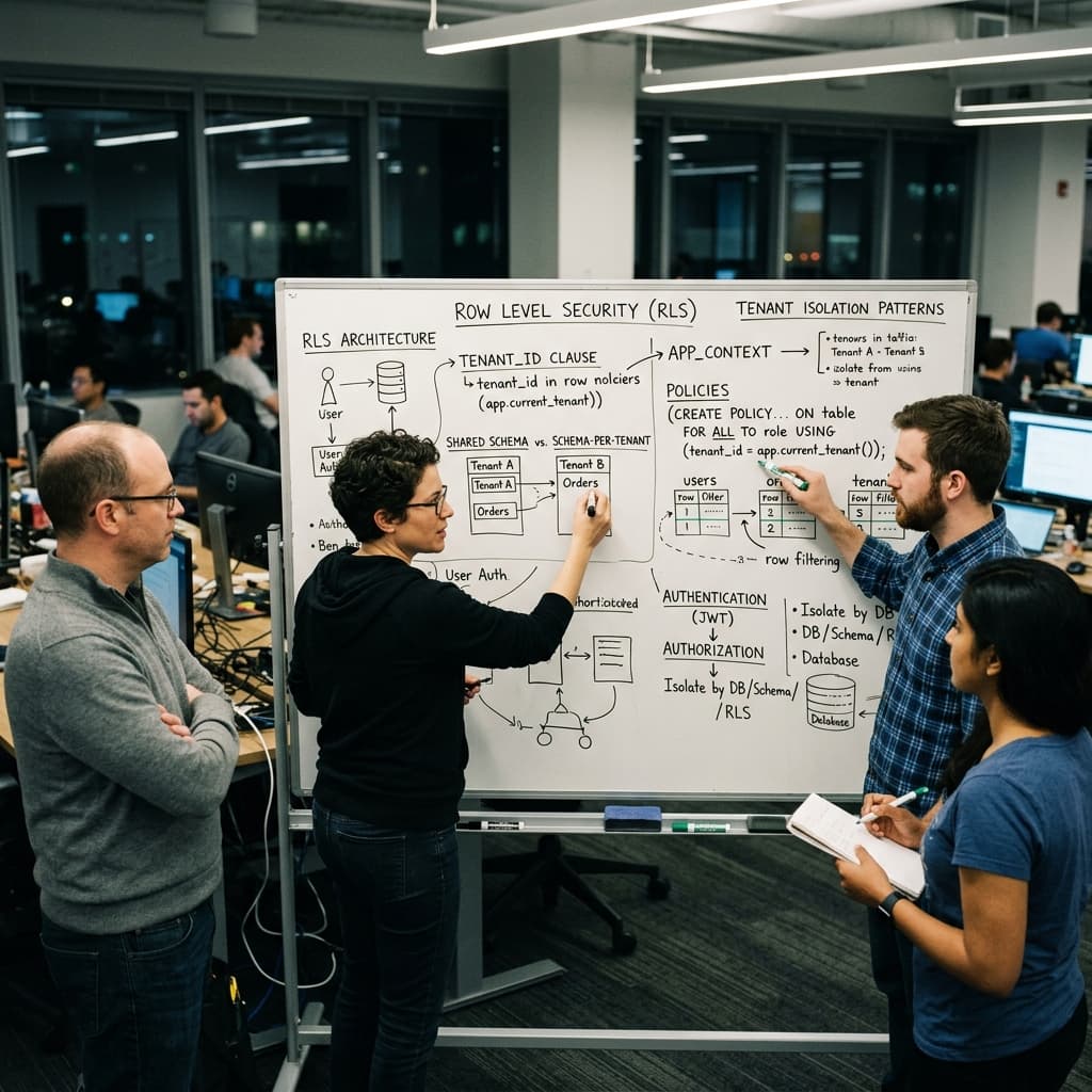 Software engineers outlining row level security and tenant isolation patterns on a whiteboard.