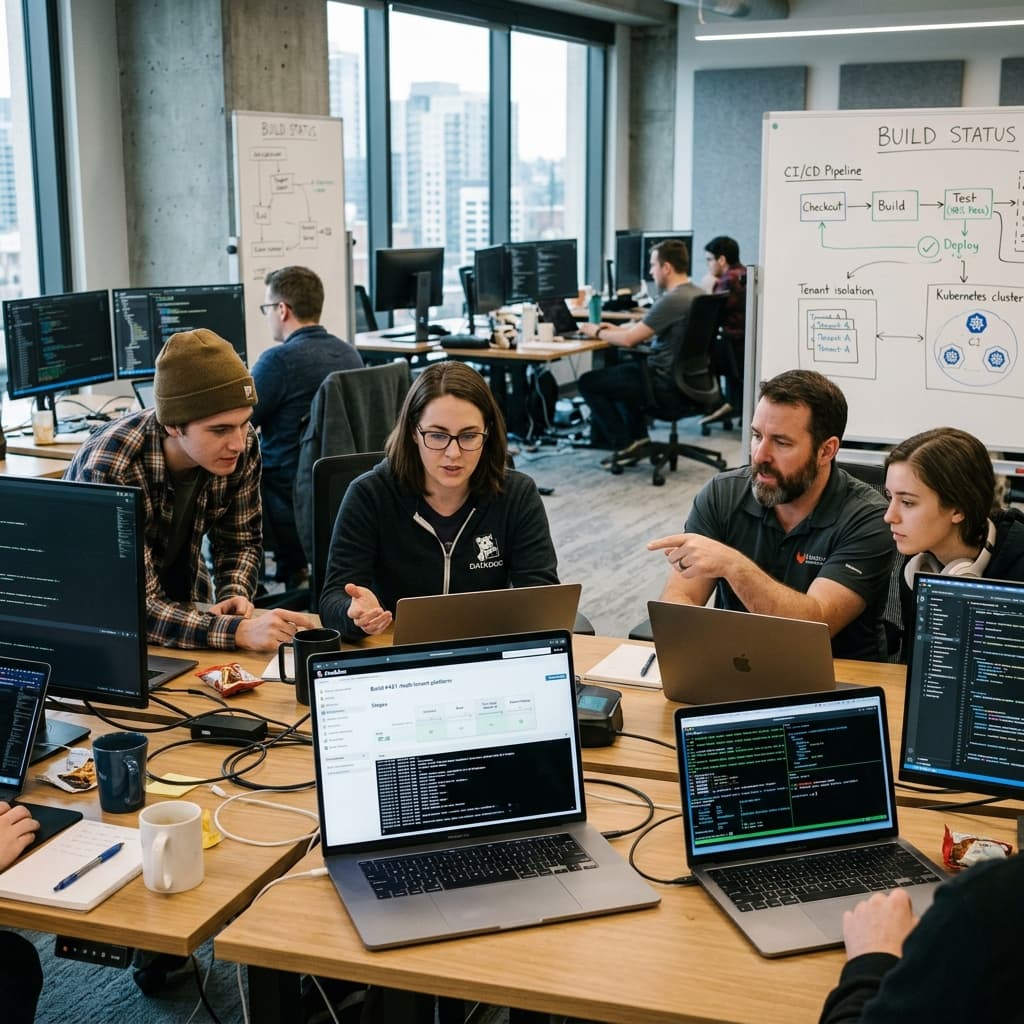 Software developers collaborating around laptops testing continuous integration pipelines for multi-tenant SaaS.