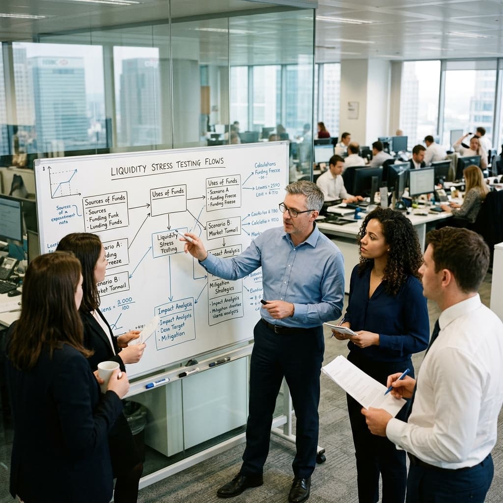 Corporate treasury professionals and risk analysts reviewing a diagram of liquidity stress testing flows on a whiteboard.