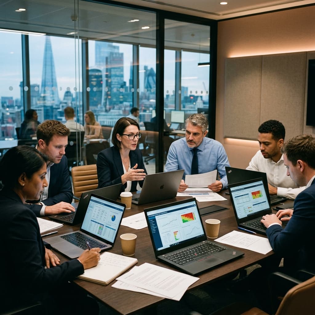 Banking professionals and risk managers reviewing financial service operations data and risk information on laptops in a modern boardroom.