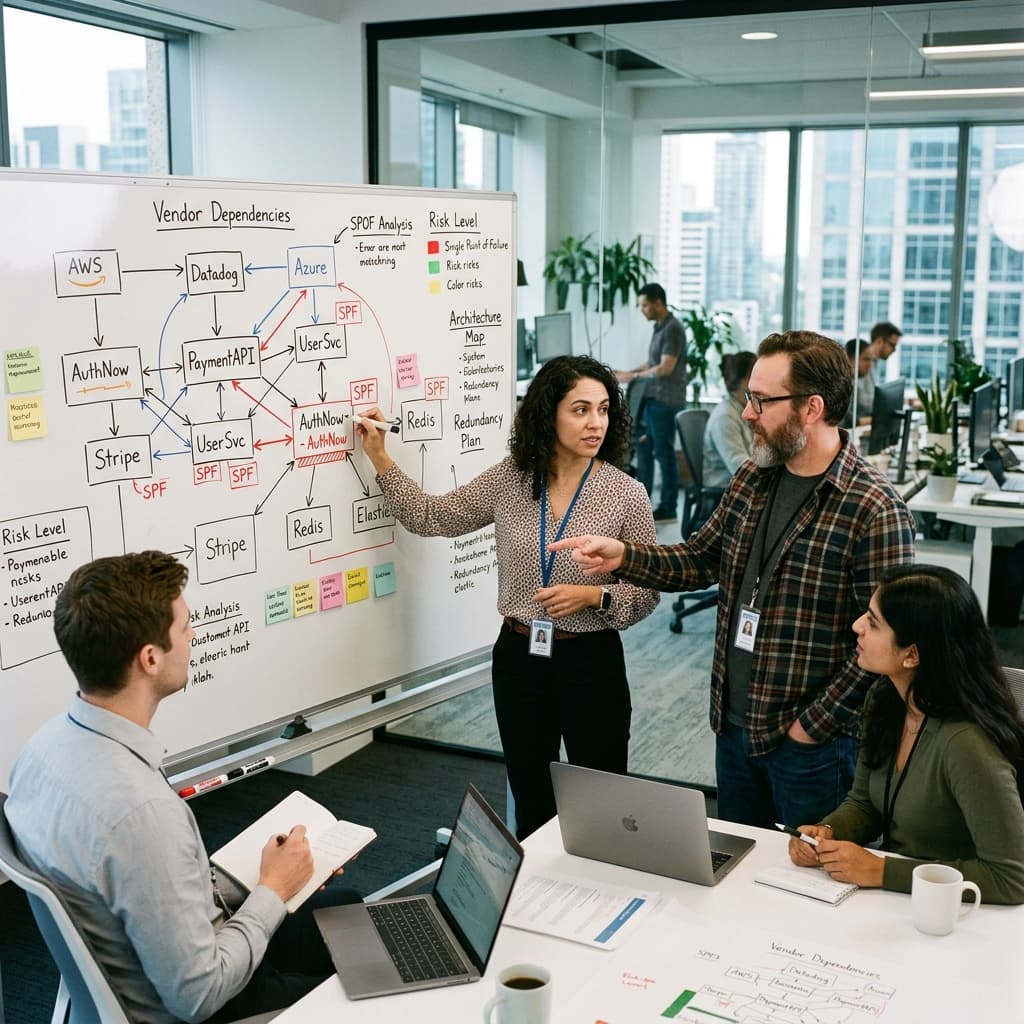 Architecture teams mapping vendor dependencies to identify single points of failure on a whiteboard.