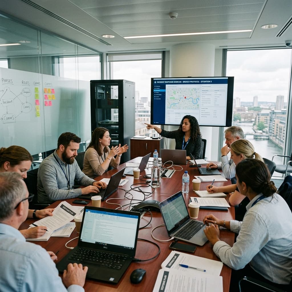 Security team running an incident response tabletop exercise in a corporate boardroom.