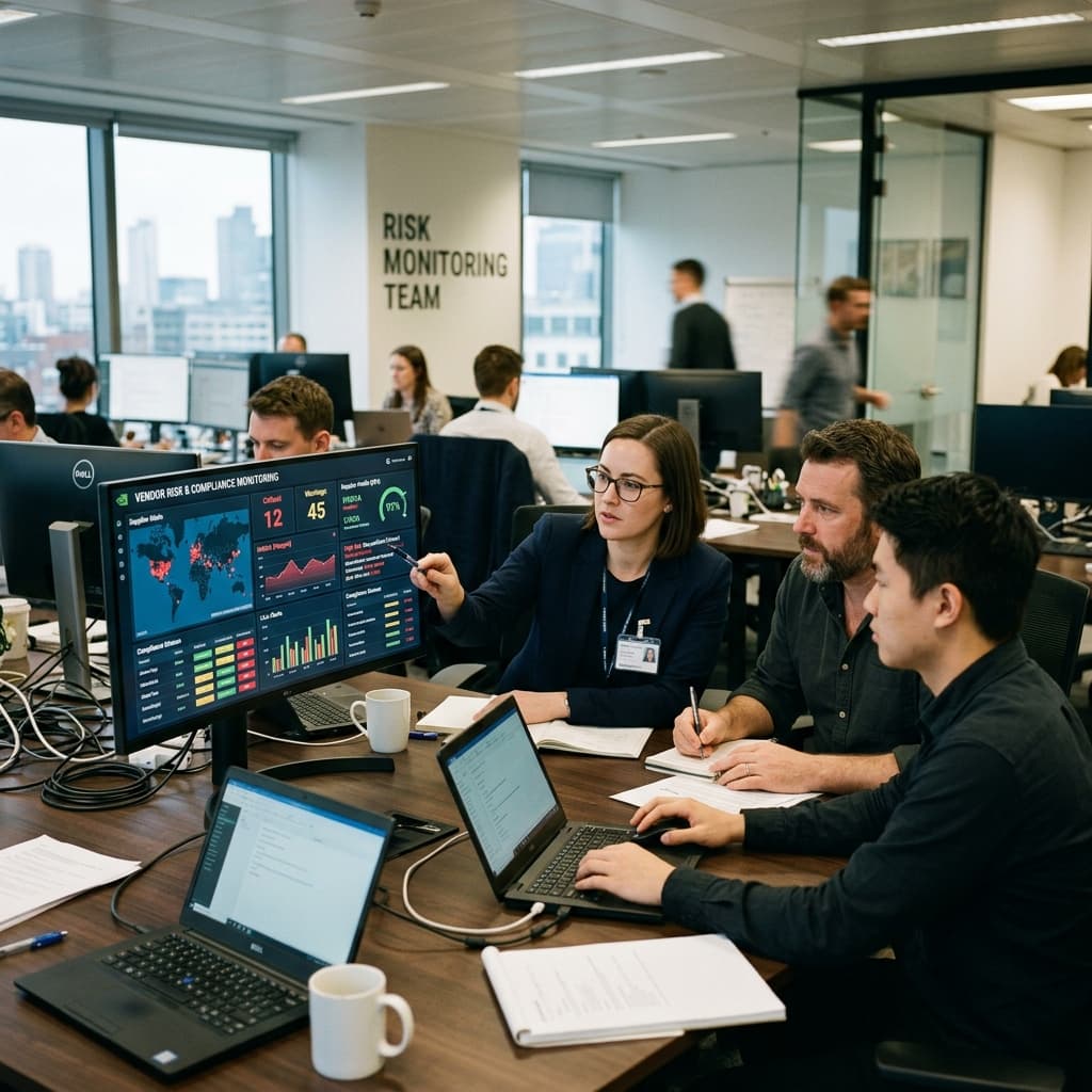 Risk analysts reviewing automated vendor compliance monitoring feeds on a digital dashboard.