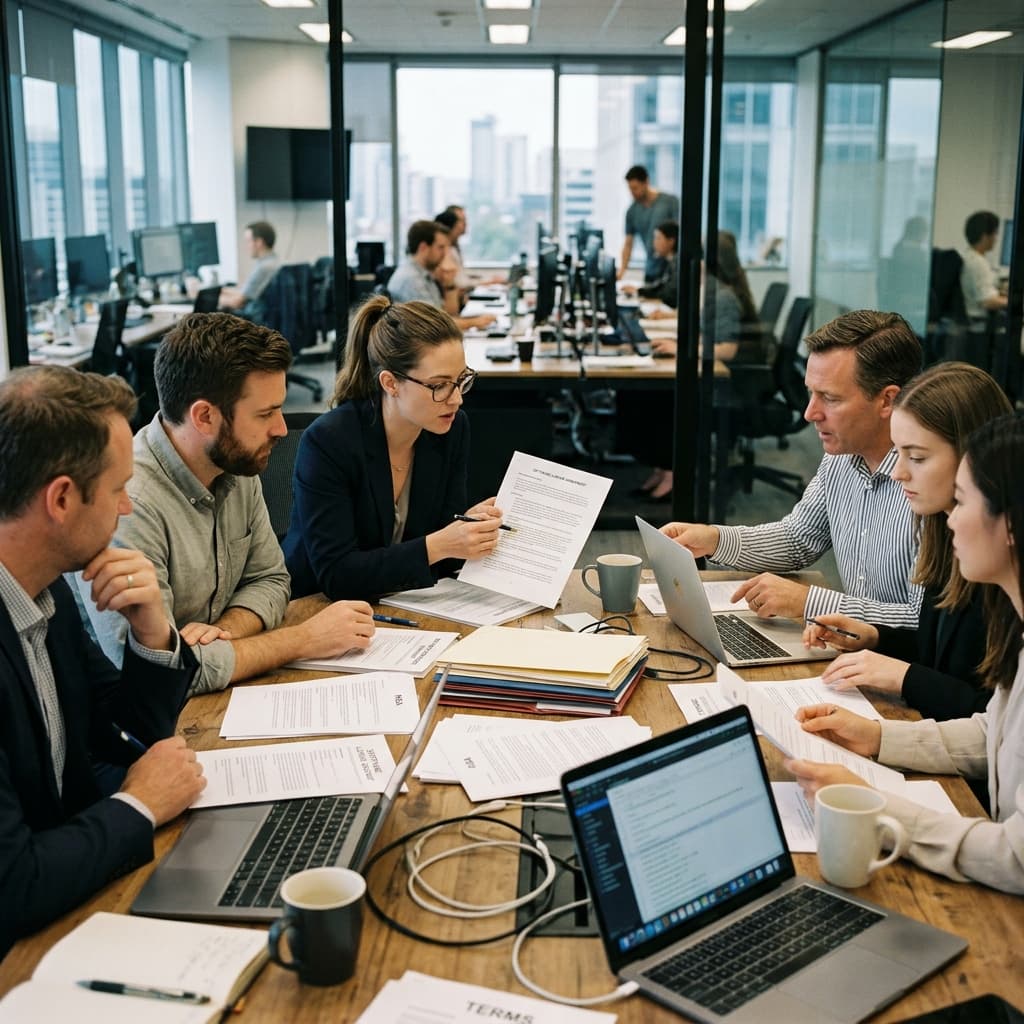 Legal and procurement team reviewing software licensing contracts in an office.
