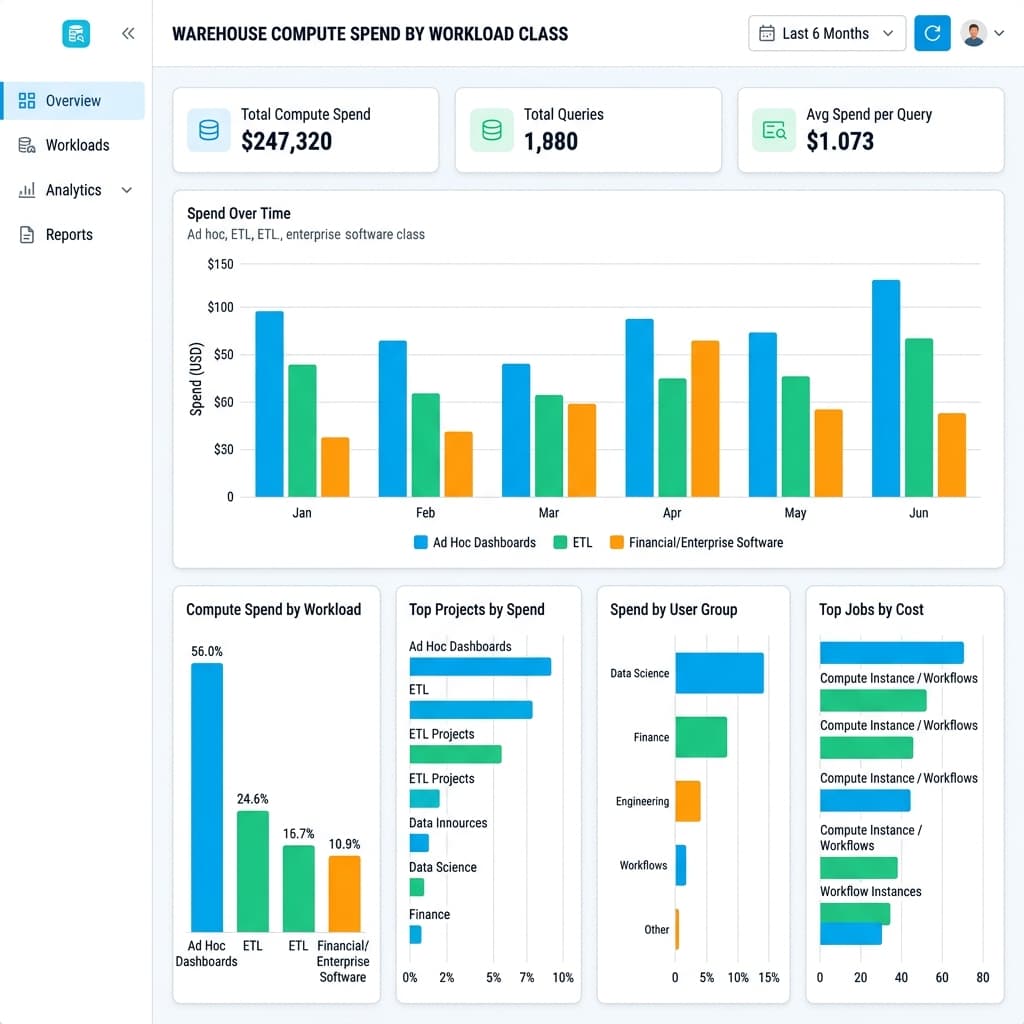 Bar style diagram dashboard comparing warehouse compute spend by workload class ad hoc dashboards ETL