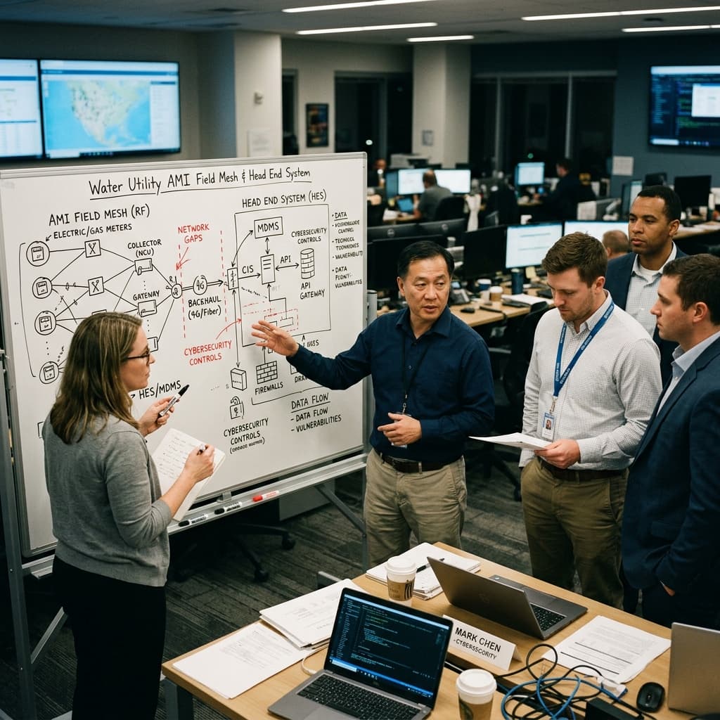 Public utility managers and cybersecurity experts reviewing a diagram of a water utility AMI field mesh and head end system on a whiteboard.