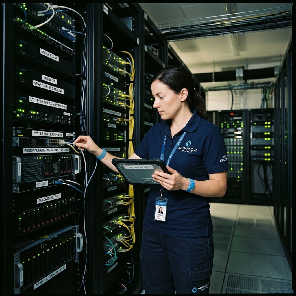 Operations engineer inspecting servers dedicated to advanced metering infrastructure and public utility water systems in a secure data center.