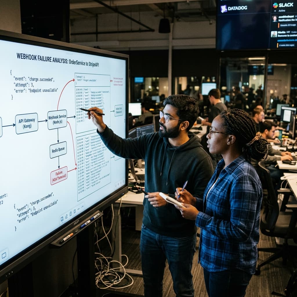 Platform engineers tracing a failed webhook delivery path on a digital whiteboard.