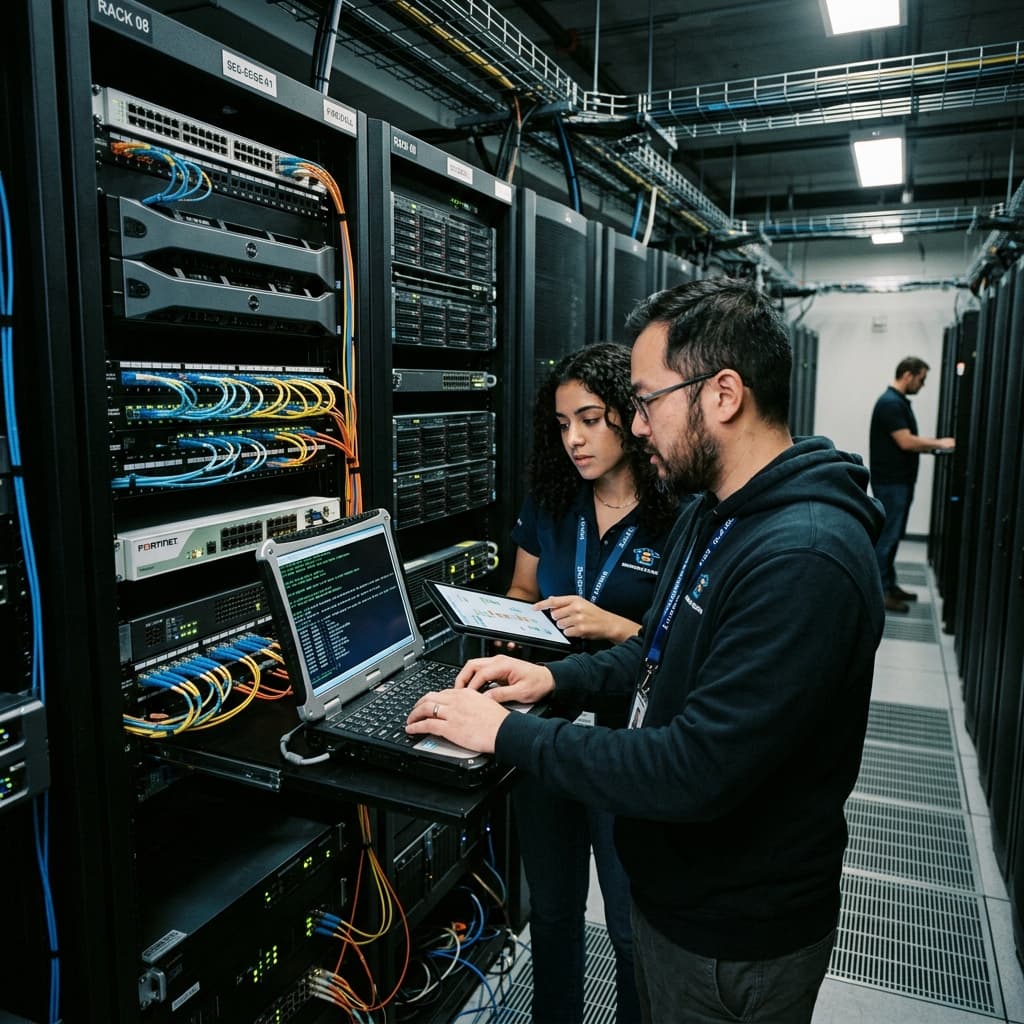 Network security engineers configuring Zero Trust access policies on edge devices in a data center.