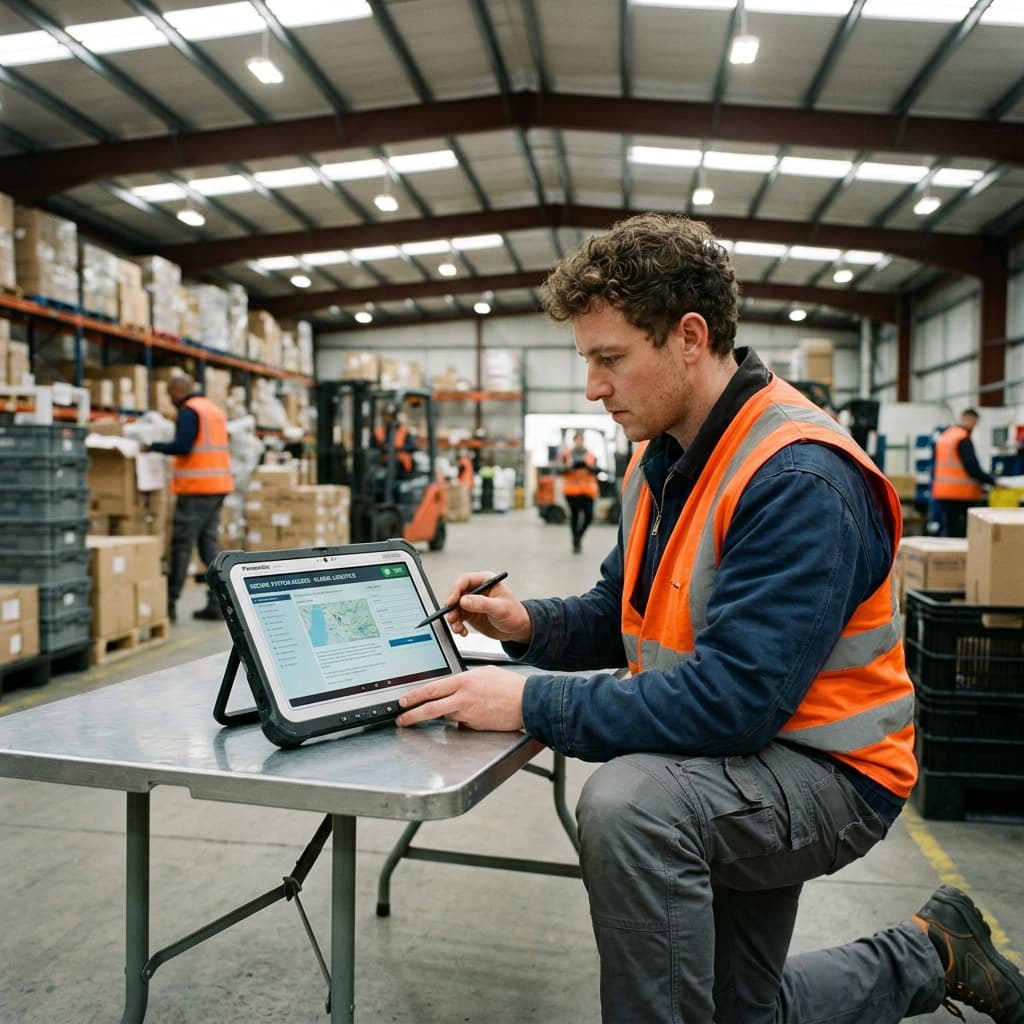 Field technician accessing corporate systems securely on a rugged tablet from a remote logistics hub.