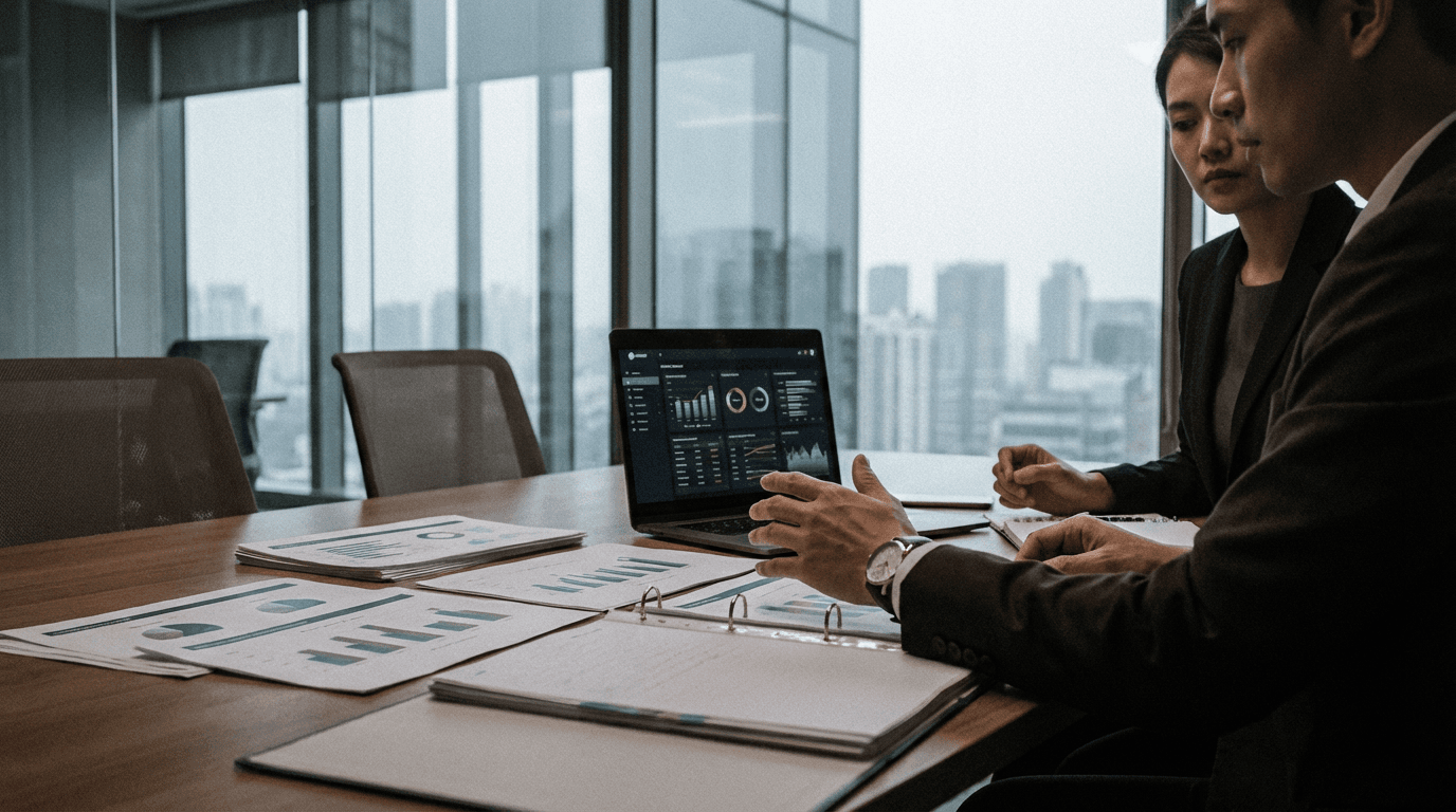 Leadership briefing table with data charts and laptop in a serious committee-ready meeting space