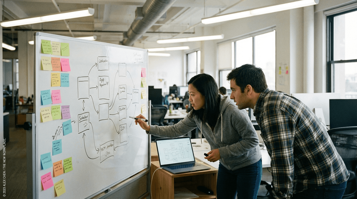 Engineers collaborating at a whiteboard with architecture notes and an open laptop